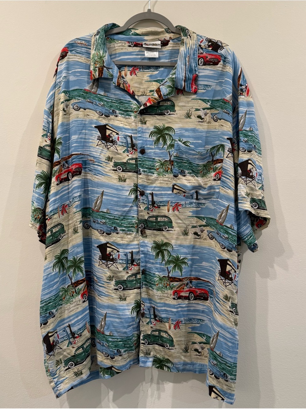 Disney Blue Hawaiian Shirt with Red & Green Car Accents